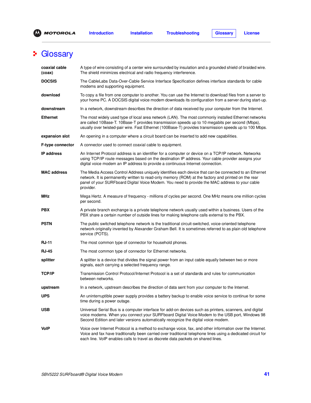 Motorola SBV5222 manual Glossary, Coaxial cable 