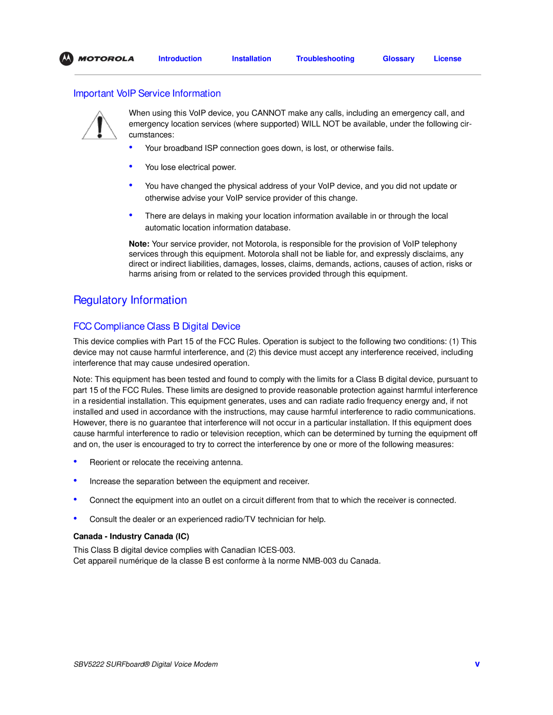 Motorola SBV5222 manual Regulatory Information, Important VoIP Service Information, FCC Compliance Class B Digital Device 