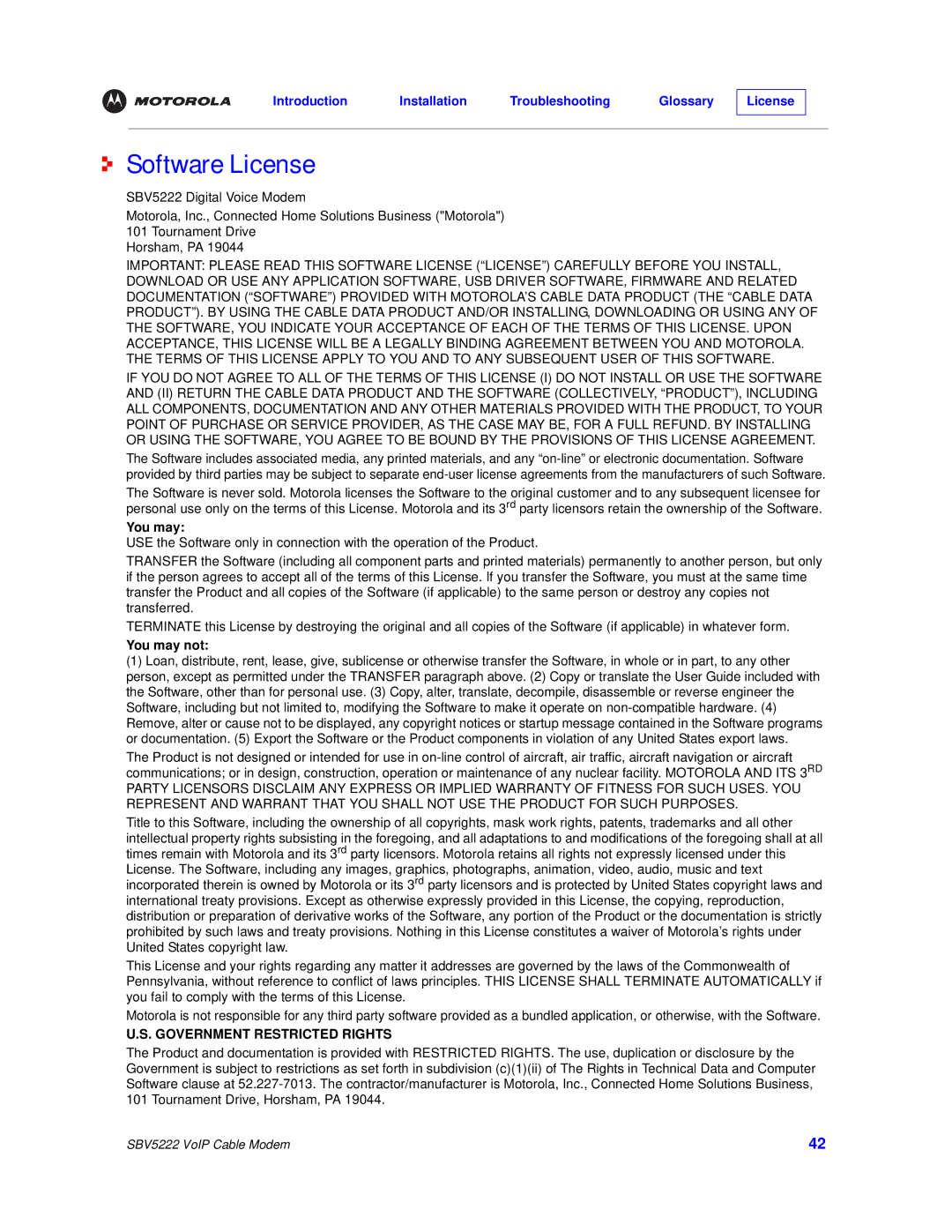Motorola SBV5222 manual Software License, You may 