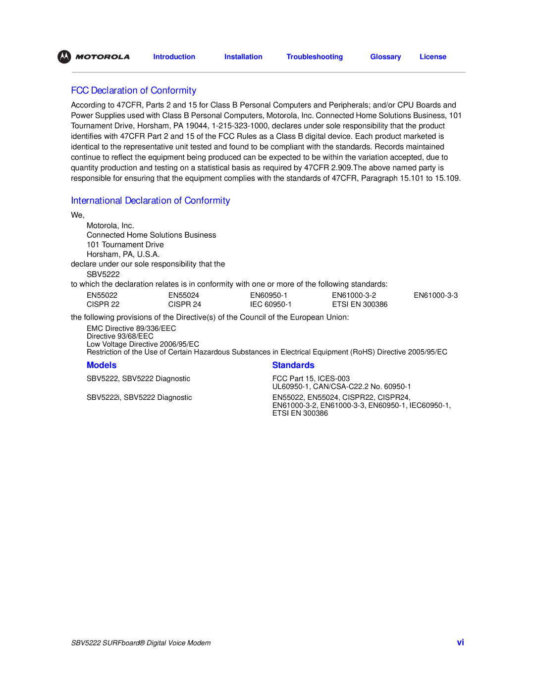 Motorola SBV5222 manual FCC Declaration of Conformity, International Declaration of Conformity 