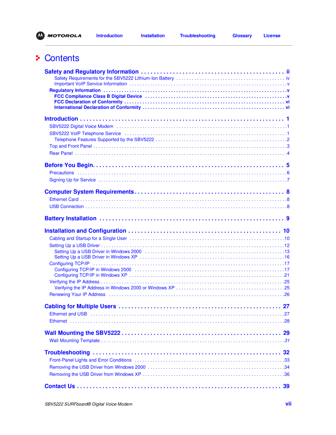 Motorola SBV5222 manual Contents 