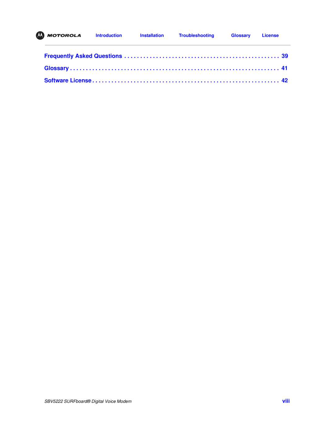 Motorola SBV5222 manual Frequently Asked Questions Glossary Software License 