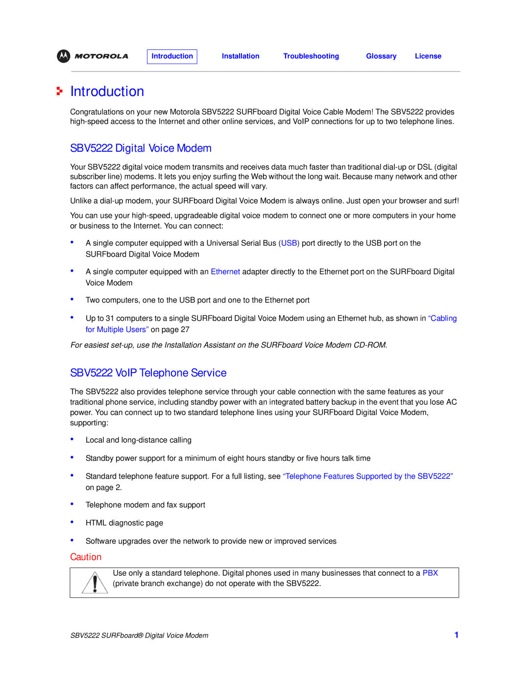 Motorola manual Introduction, SBV5222 Digital Voice Modem, SBV5222 VoIP Telephone Service 