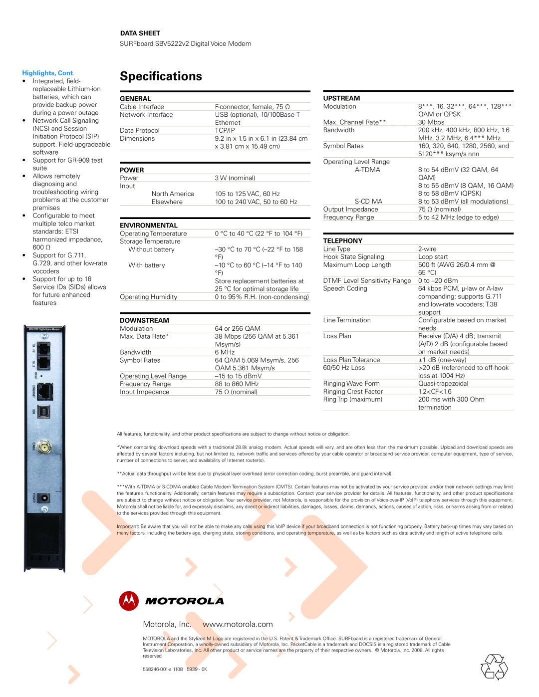 Motorola SBV5222v2 manual Specifications, Data Sheet, Highlights, Cont, general, power, environmental, downstream, upstream 