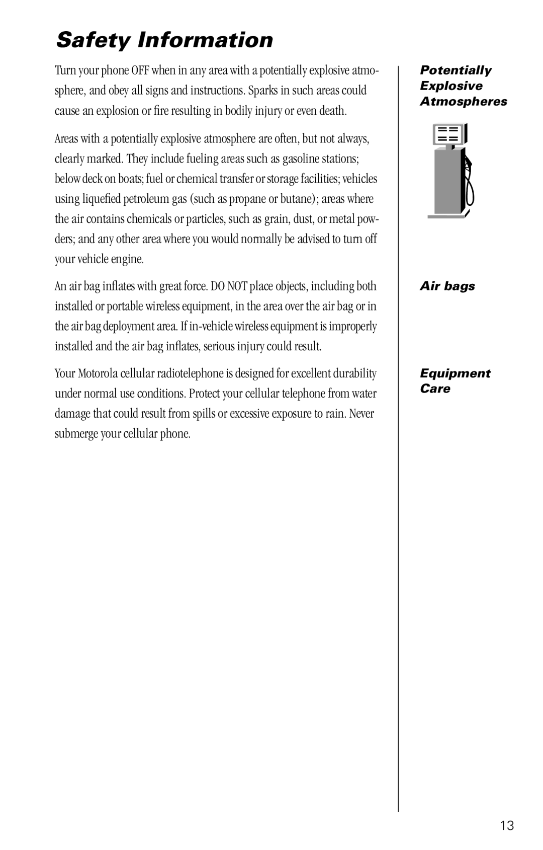 Motorola SC-725 specifications Potentially Explosive Atmospheres Air bags Equipment Care 