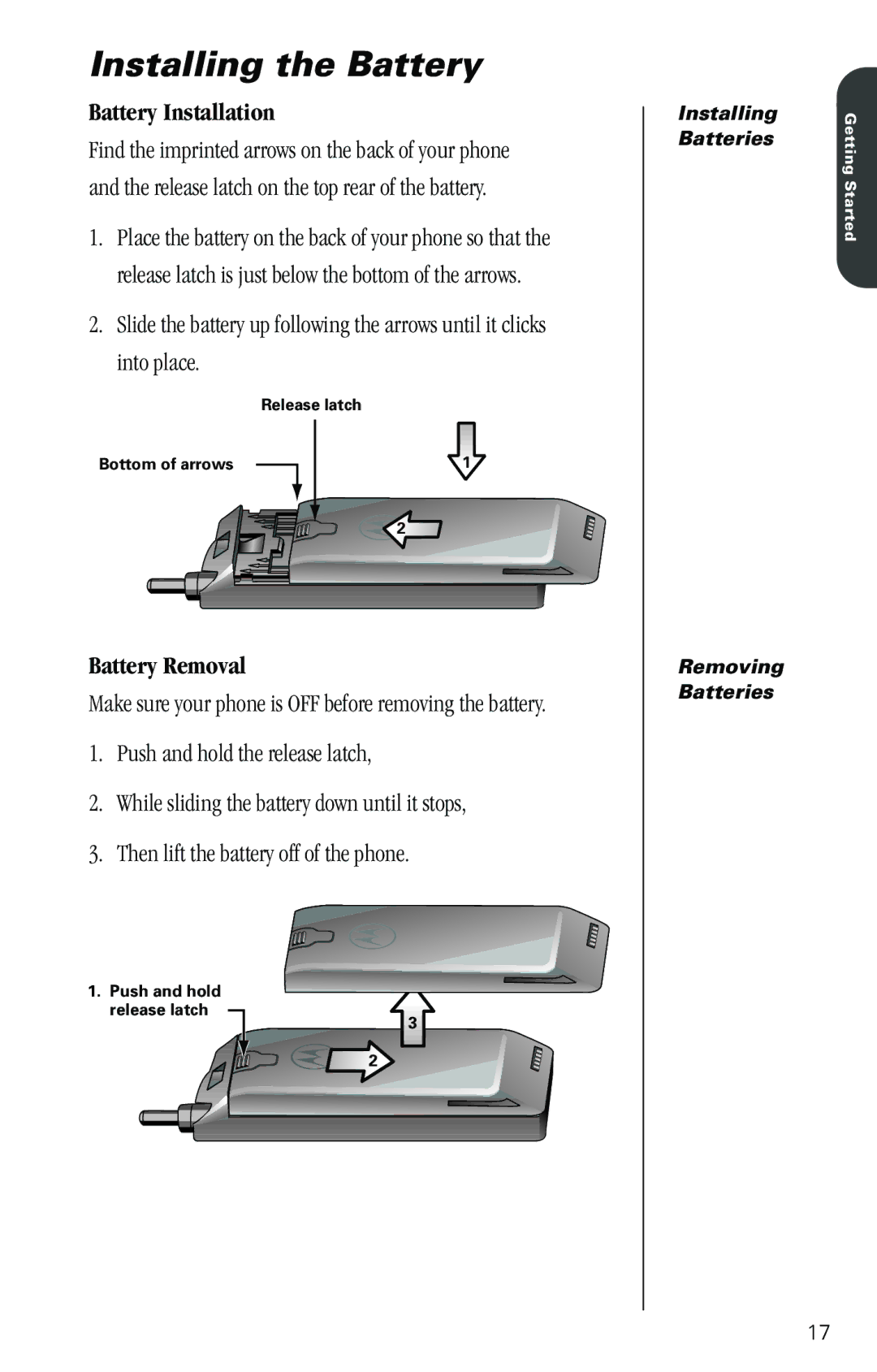 Motorola SC-725 specifications Battery Installation, Battery Removal 