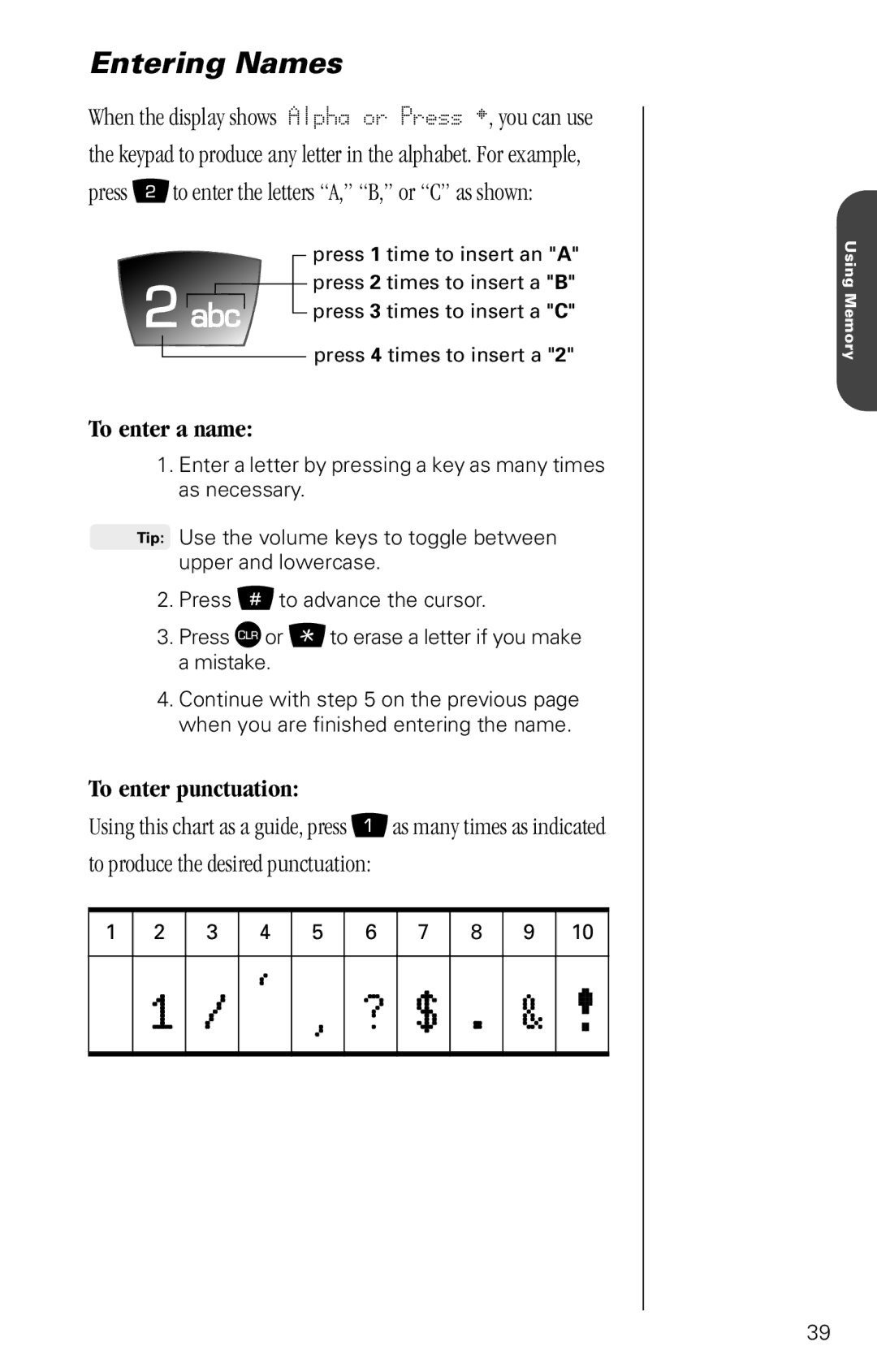 Motorola SC-725 specifications Entering Names, To enter a name, To enter punctuation 