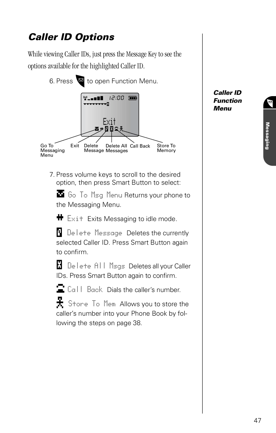 Motorola SC-725 specifications Caller ID Options, Options available for the highlighted Caller ID 