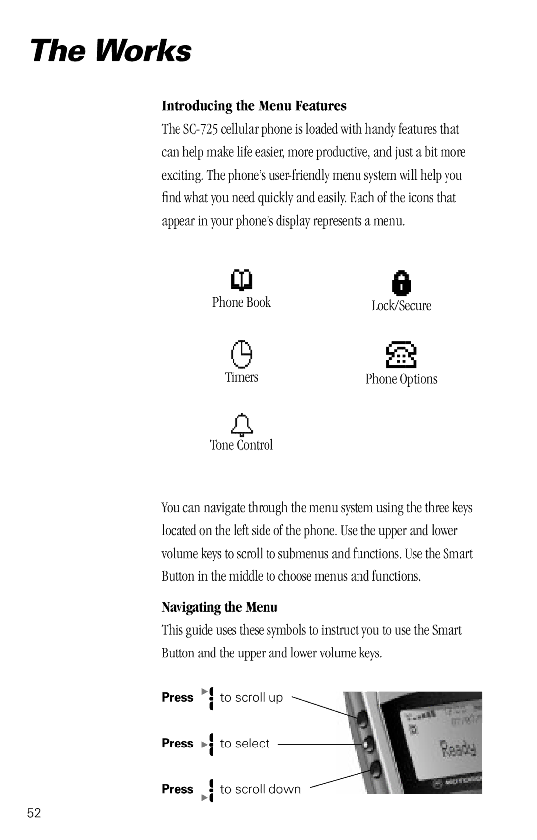 Motorola SC-725 specifications Introducing the Menu Features, Phone Book, Timers, Navigating the Menu 