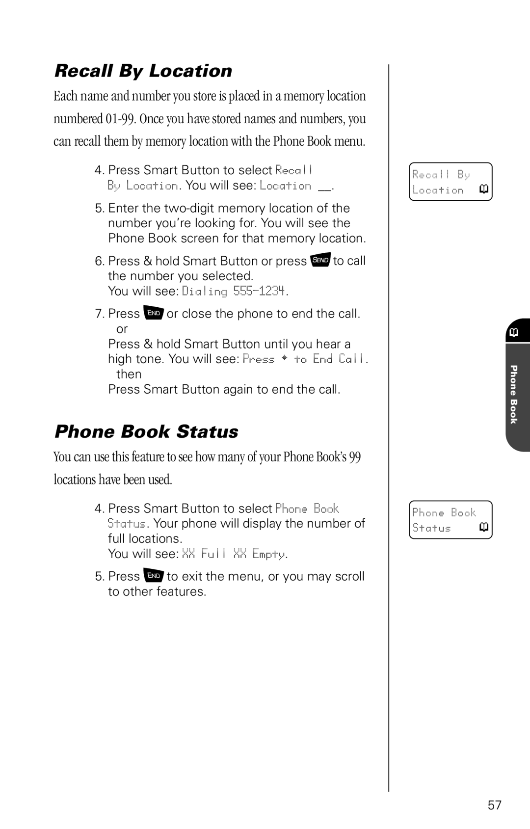 Motorola SC-725 specifications Recall By Location, Phone Book Status, Locations have been used 