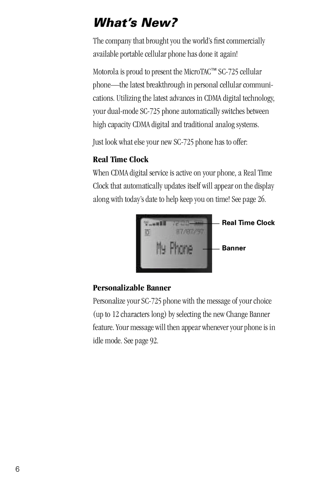 Motorola What’s New?, Just look what else your new SC-725 phone has to offer, Real Time Clock, Personalizable Banner 