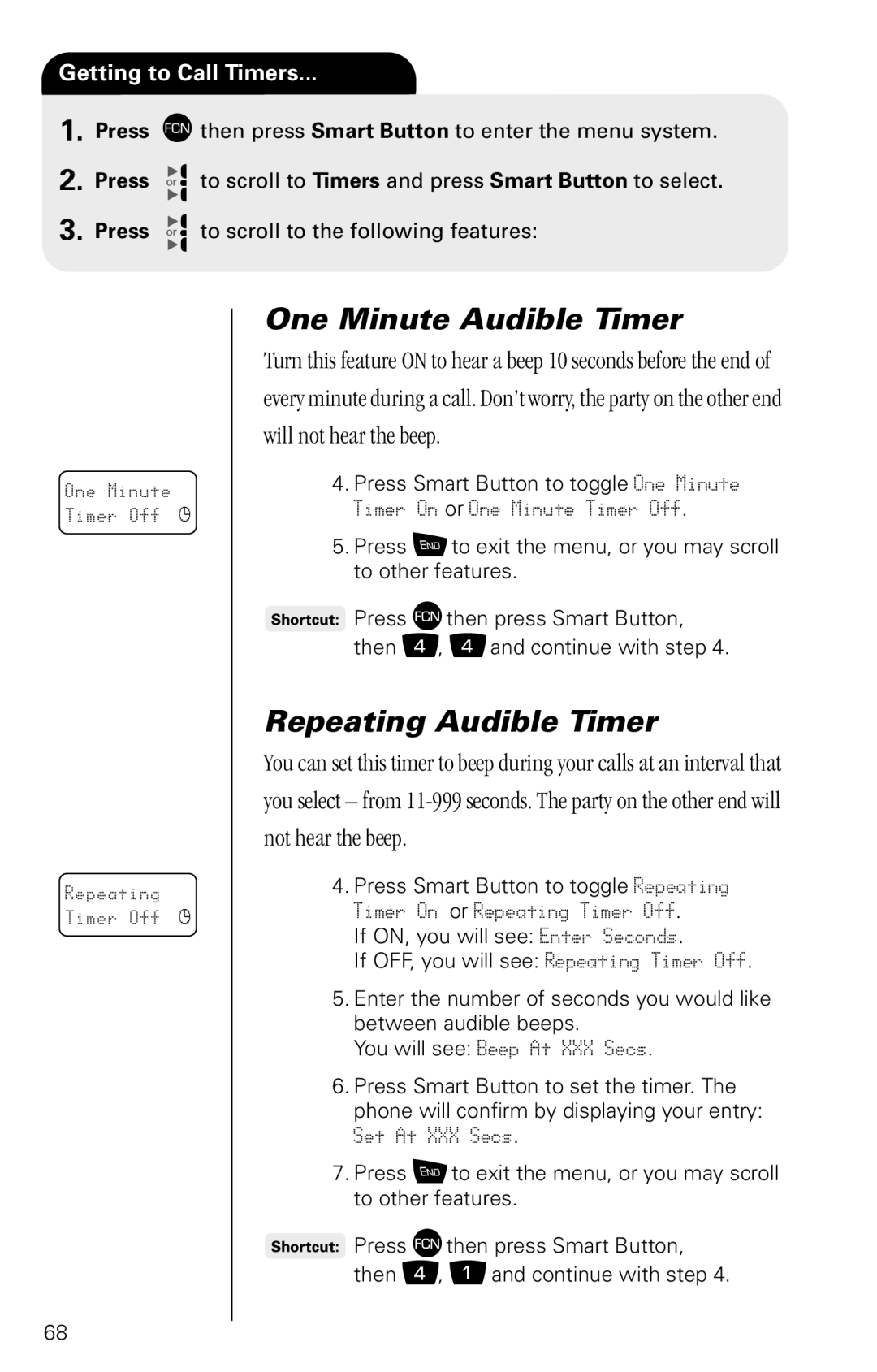 Motorola SC-725 specifications One Minute Audible Timer, Repeating Audible Timer 