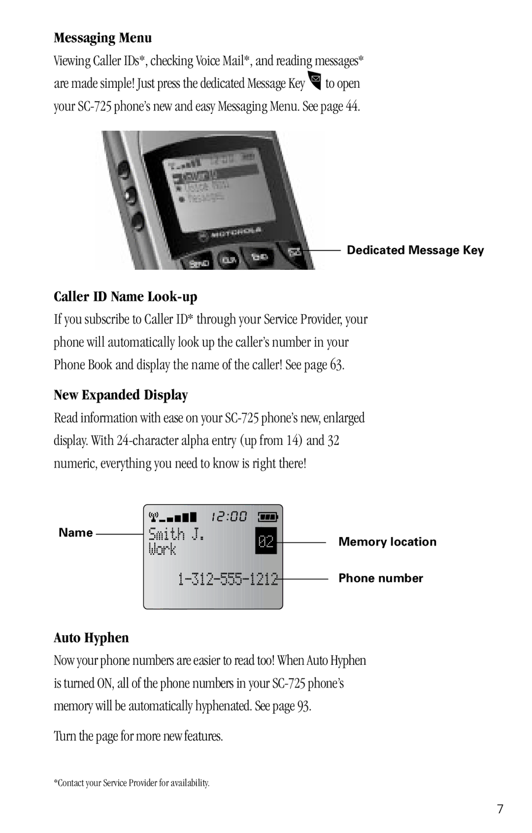 Motorola SC-725 specifications Messaging Menu, Caller ID Name Look-up, New Expanded Display, Auto Hyphen 