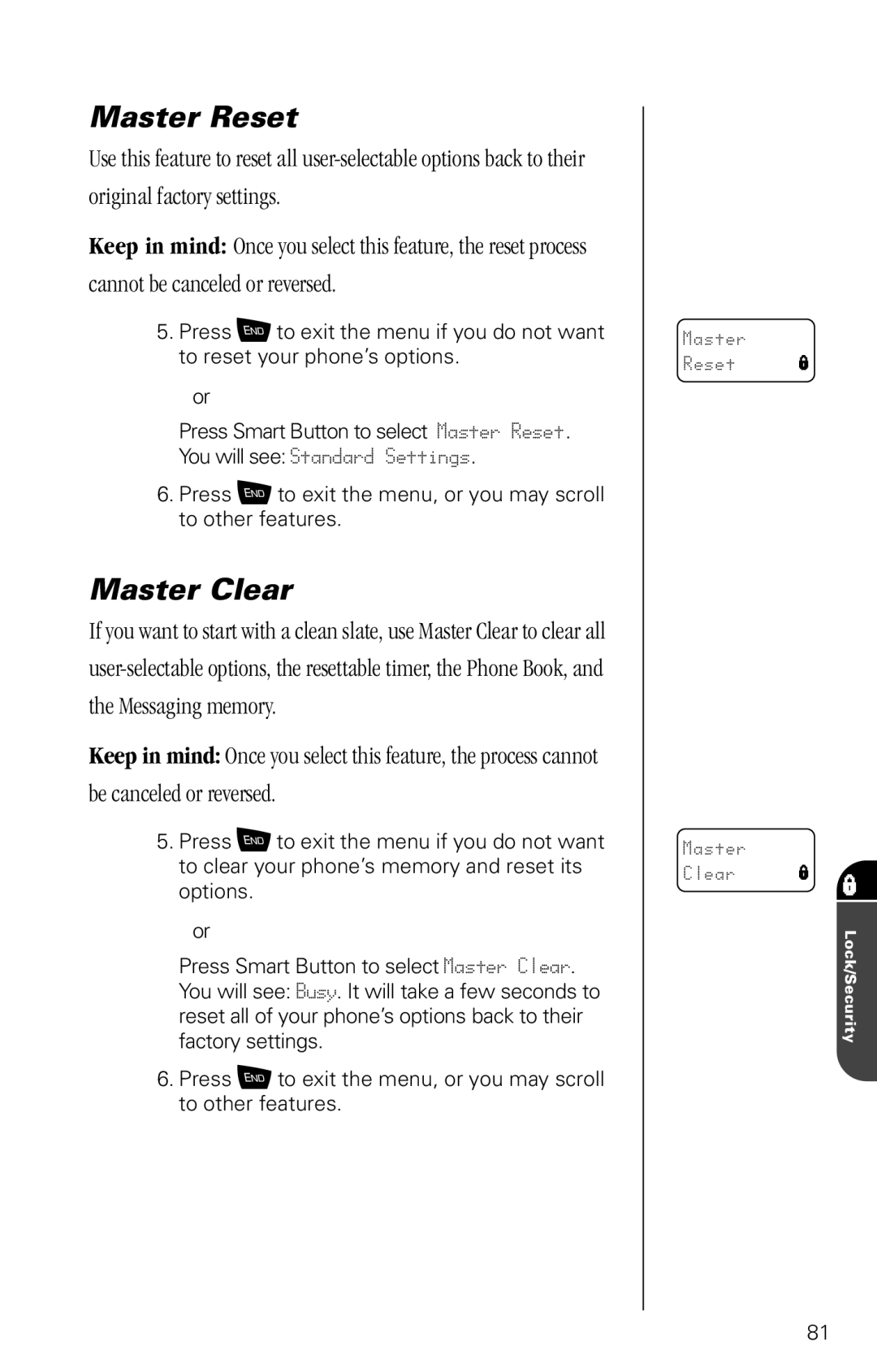 Motorola SC-725 specifications Master Reset, Master Clear 