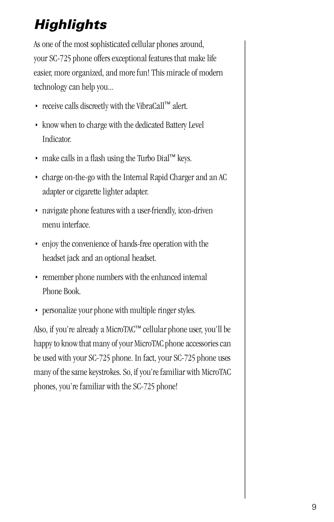 Motorola SC-725 specifications Highlights 