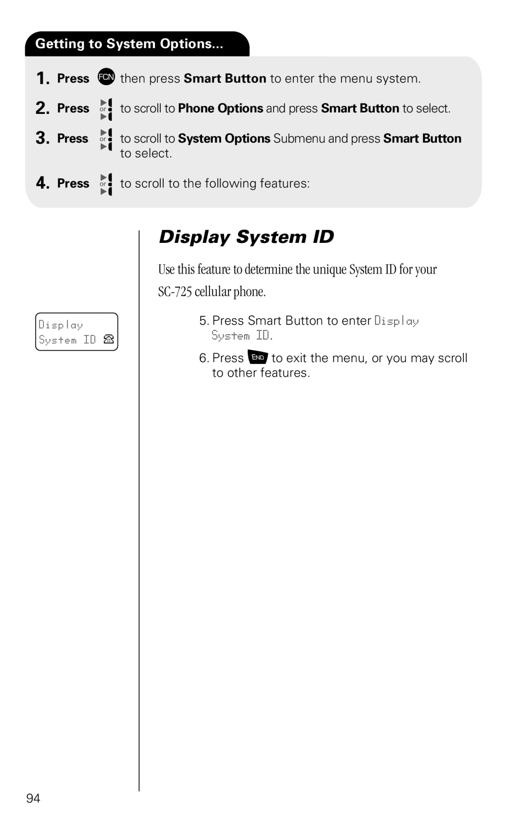 Motorola SC-725 specifications Display System ID, Getting to System Options 