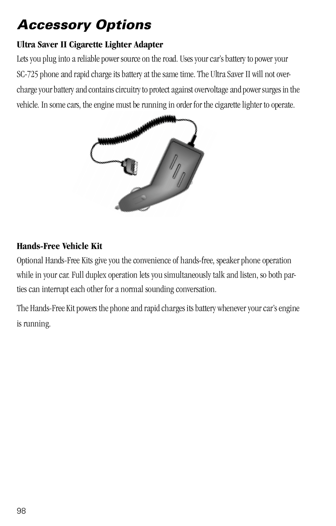 Motorola SC-725 specifications Ultra Saver II Cigarette Lighter Adapter, Hands-Free Vehicle Kit 