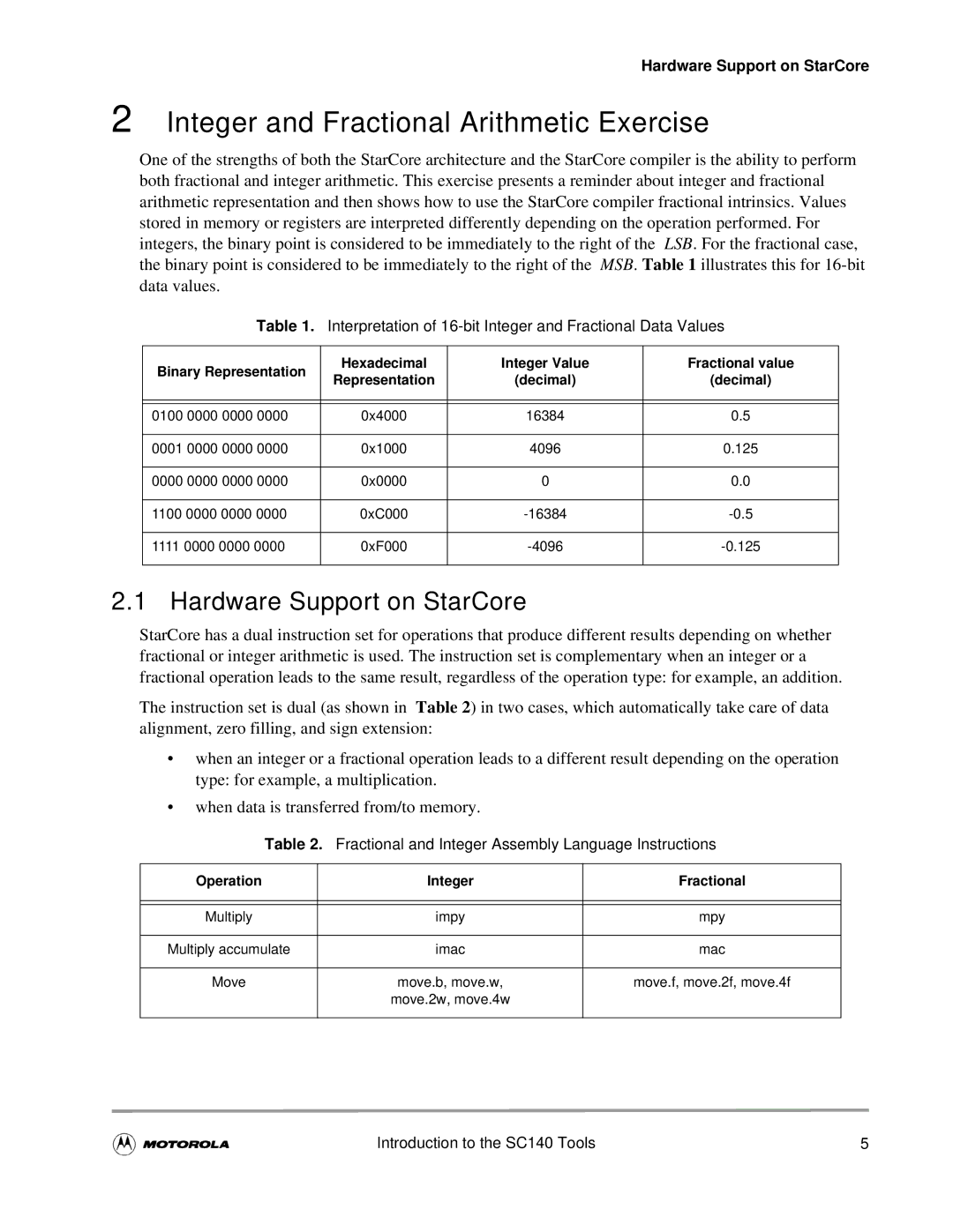 Motorola SC140 Integer and Fractional Arithmetic Exercise, Interpretation of 16-bit Integer and Fractional Data Values 