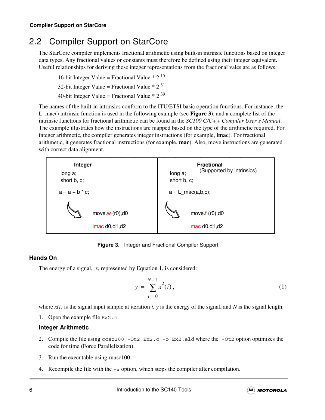 Motorola SC140 user manual Compiler Support on StarCore, Integer Arithmetic 