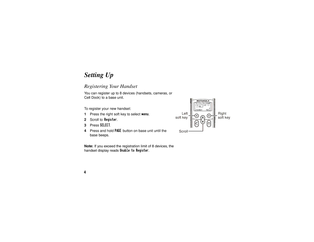 Motorola SD4501 manual Setting Up, Registering Your Handset 