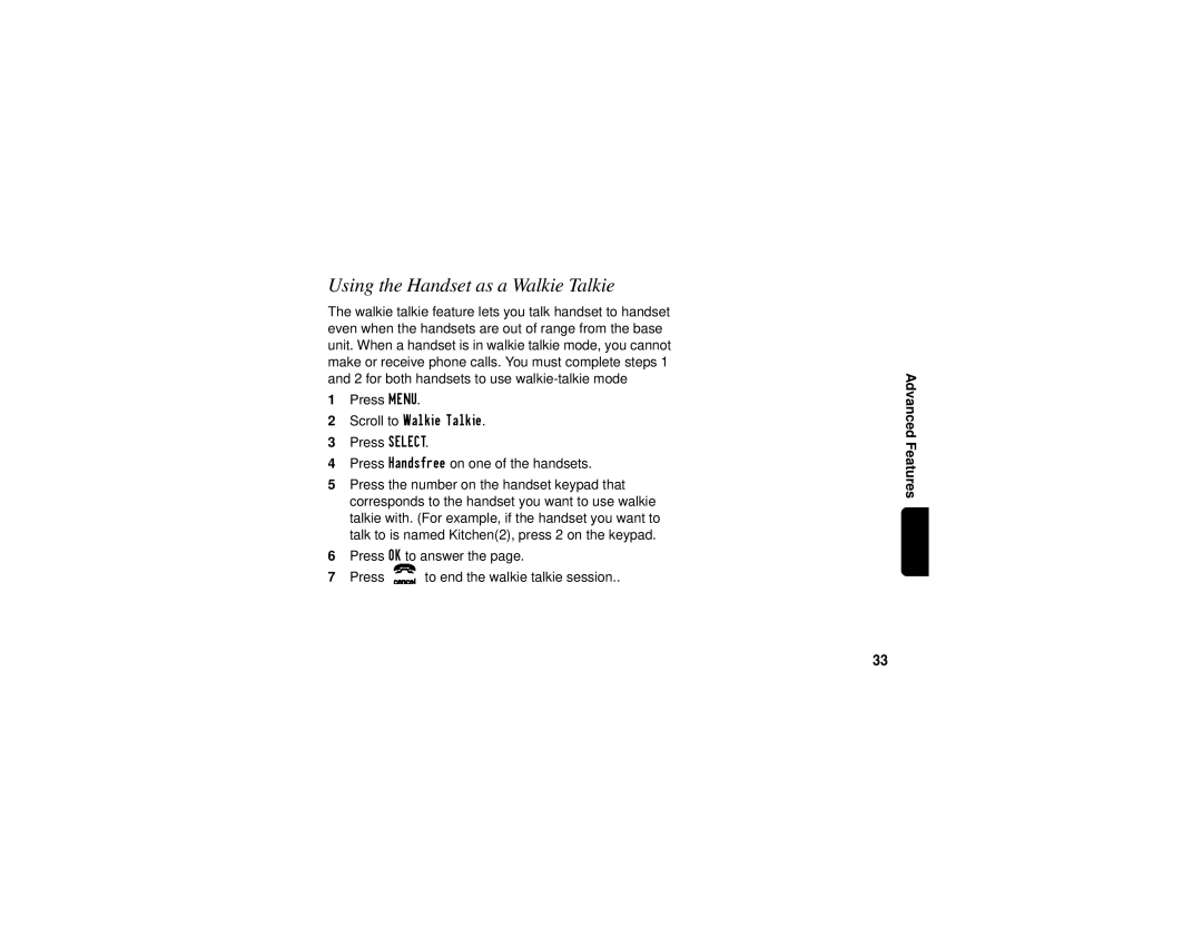 Motorola SD4501 manual Using the Handset as a Walkie Talkie 