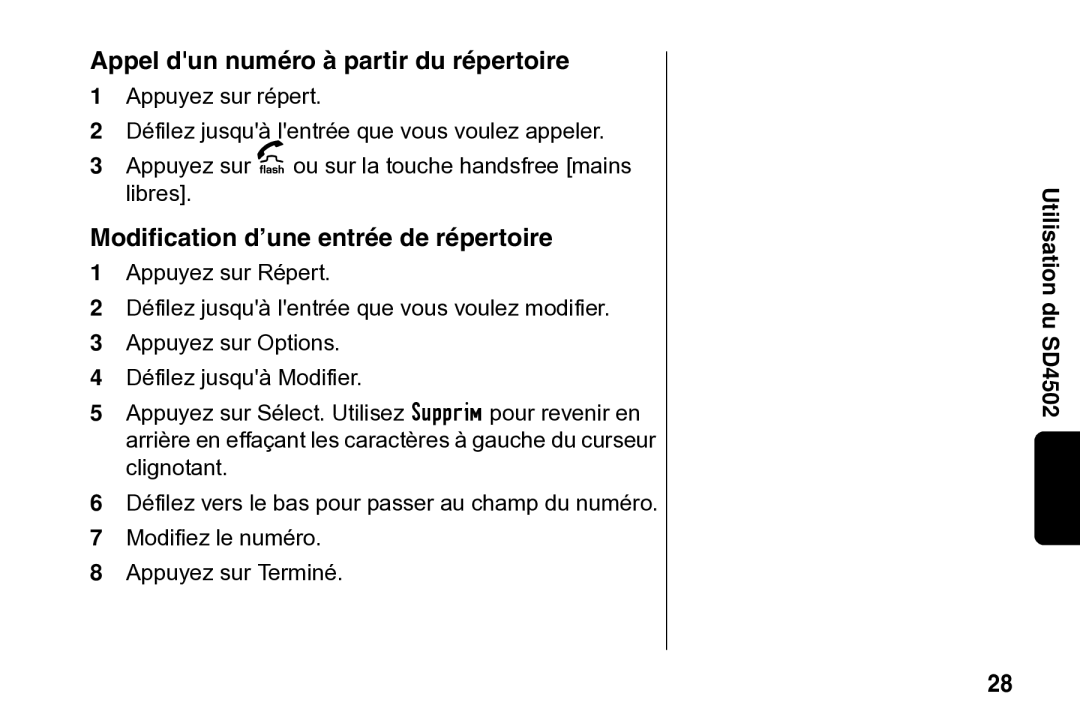 Motorola SD4502 manual Appel dun numéro à partir du répertoire, Modification d’une entrée de répertoire 