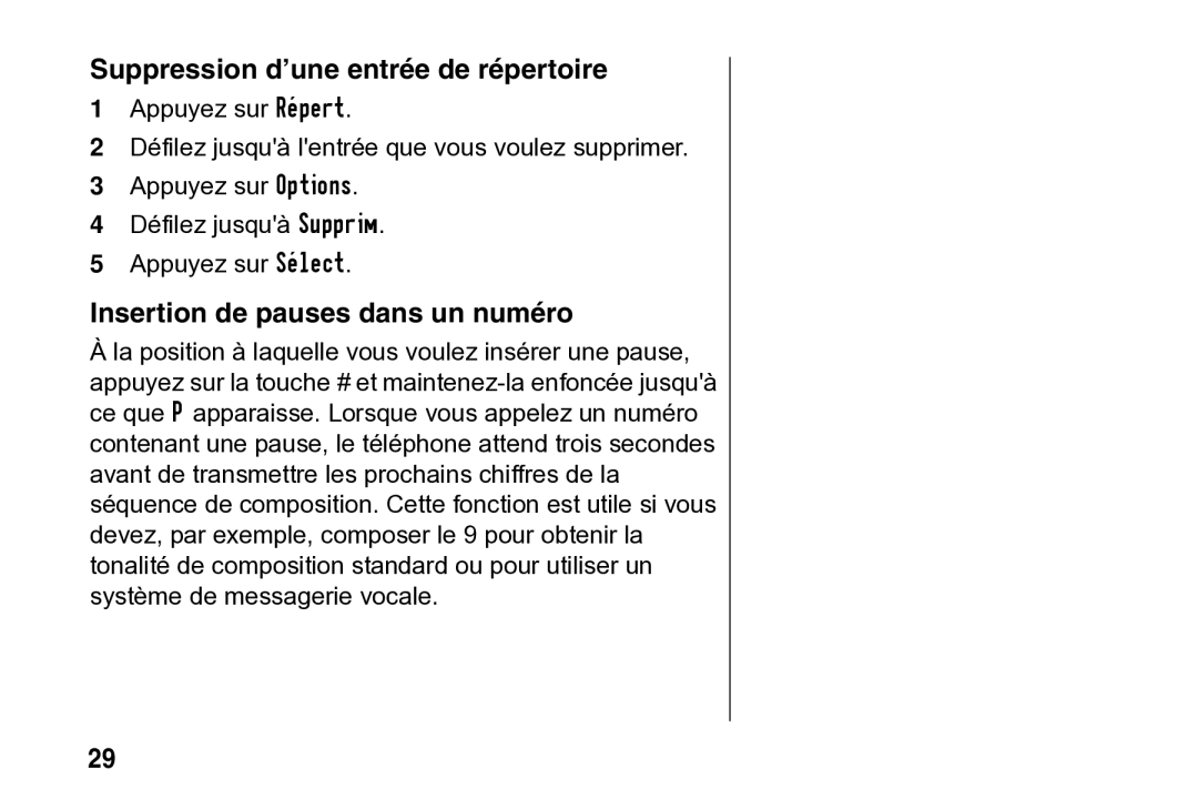 Motorola SD4502 manual Suppression d’une entrée de répertoire, Insertion de pauses dans un numéro 