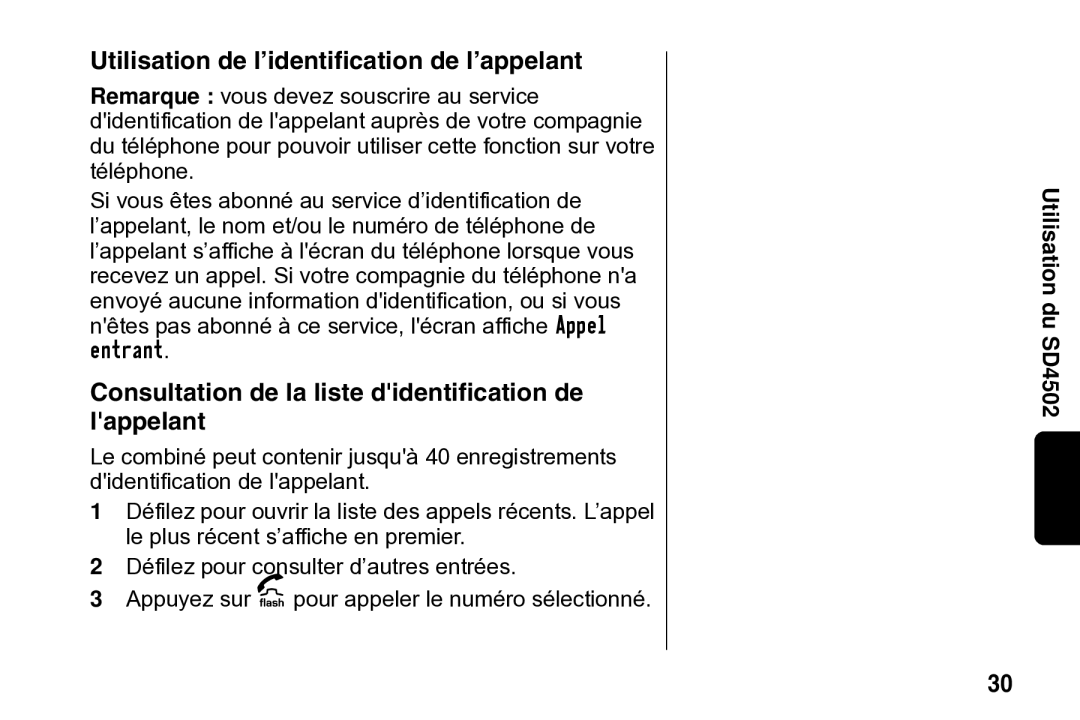 Motorola SD4502 manual Utilisation de l’identification de l’appelant, Consultation de la liste didentification de lappelant 