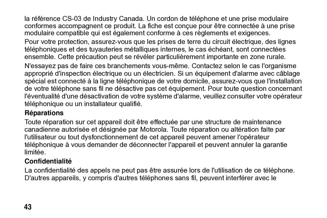 Motorola SD4502 manual Réparations, Confidentialité 