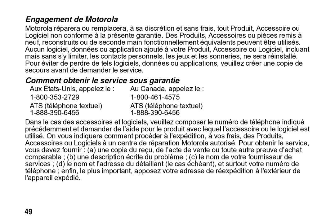 Motorola SD4502 manual Engagement de Motorola, Comment obtenir le service sous garantie 