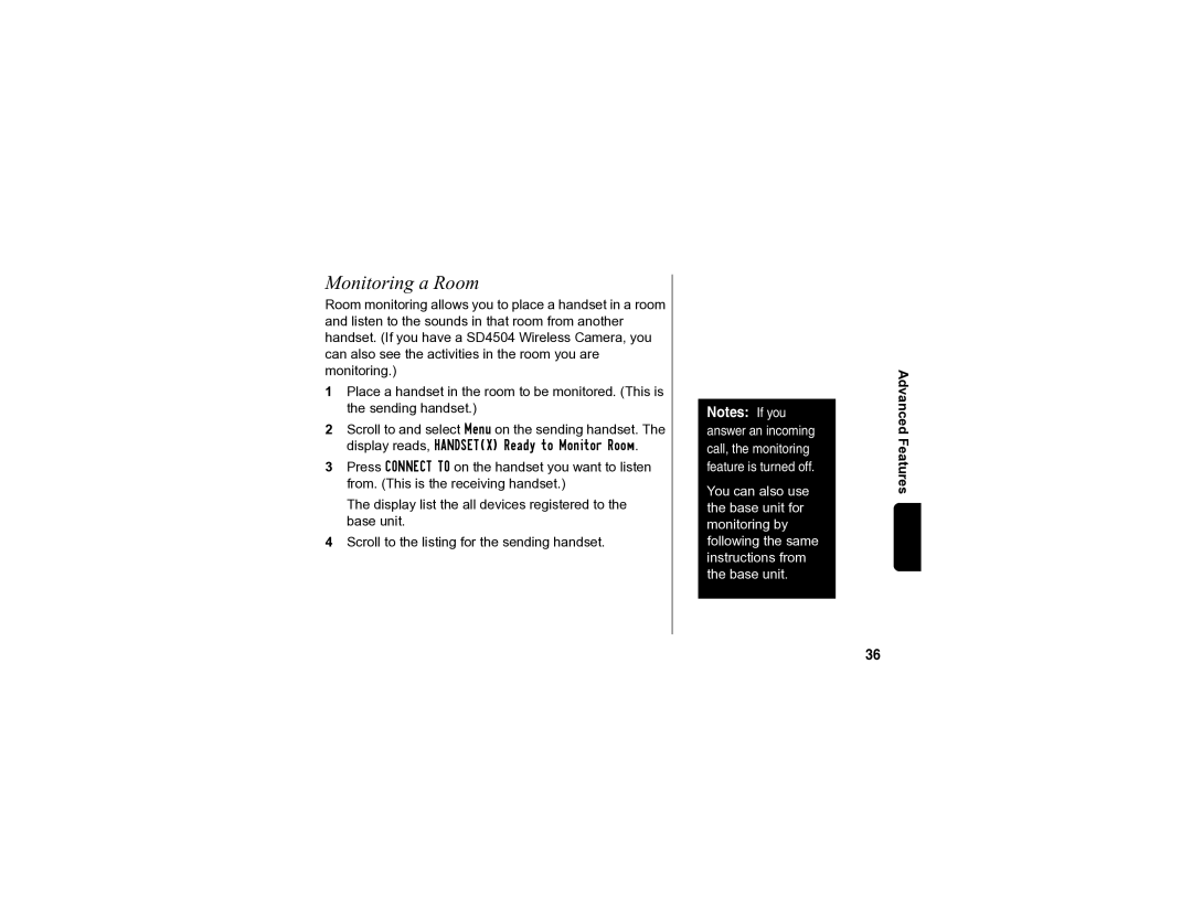 Motorola SD4502 manual Monitoring a Room 