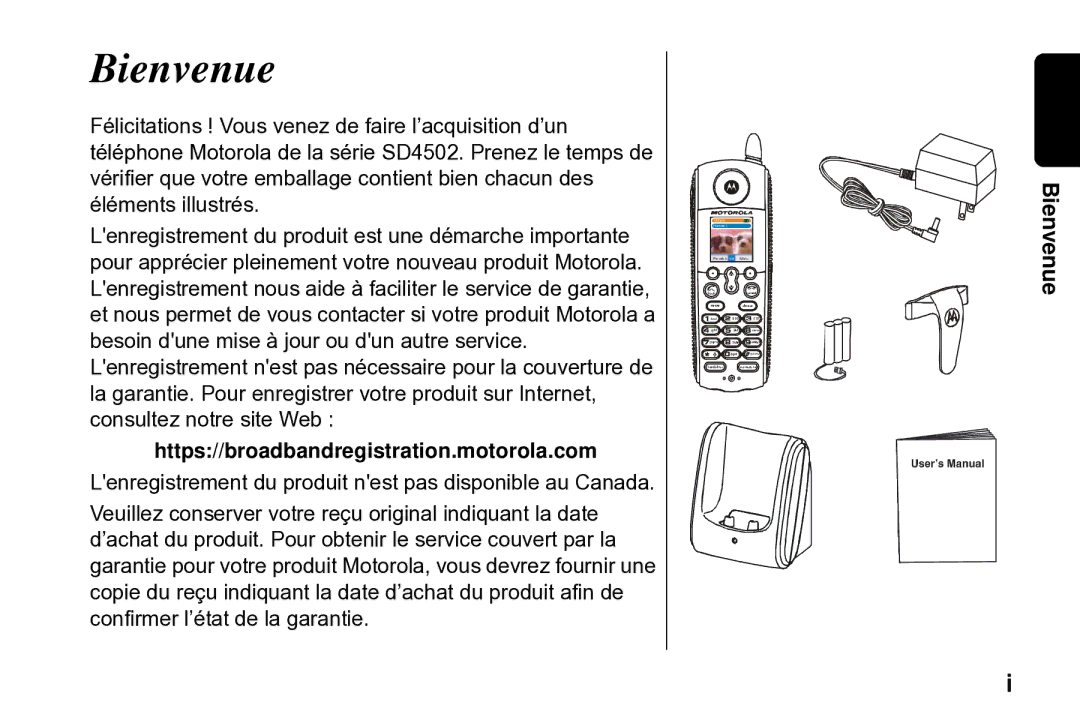 Motorola SD4502 manual Bienvenue 