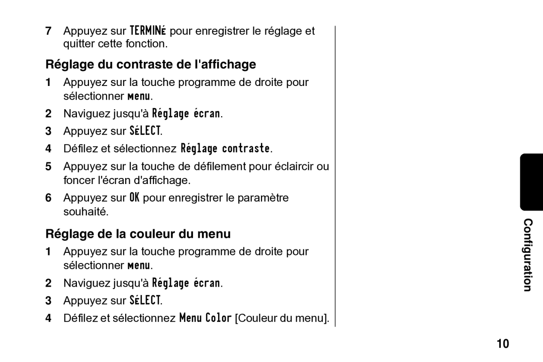 Motorola SD4502 manual Réglage du contraste de laffichage, Réglage de la couleur du menu 