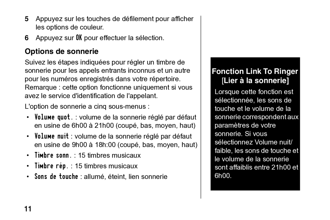 Motorola SD4502 manual Options de sonnerie, Loption de sonnerie a cinq sous-menus 