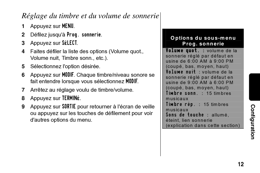 Motorola SD4502 manual Réglage du timbre et du volume de sonnerie, Ptions du sous -m enu Prog . sonnerie 