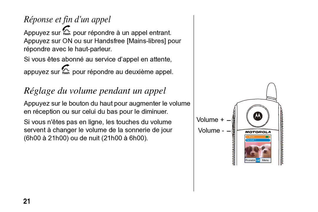 Motorola SD4502 manual Réponse et fin dun appel, Réglage du volume pendant un appel 