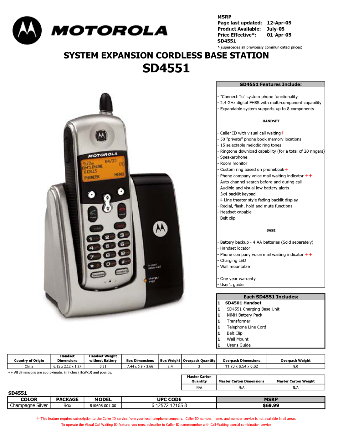 Motorola SD4551 dimensions Color Package Model UPC Code Msrp 