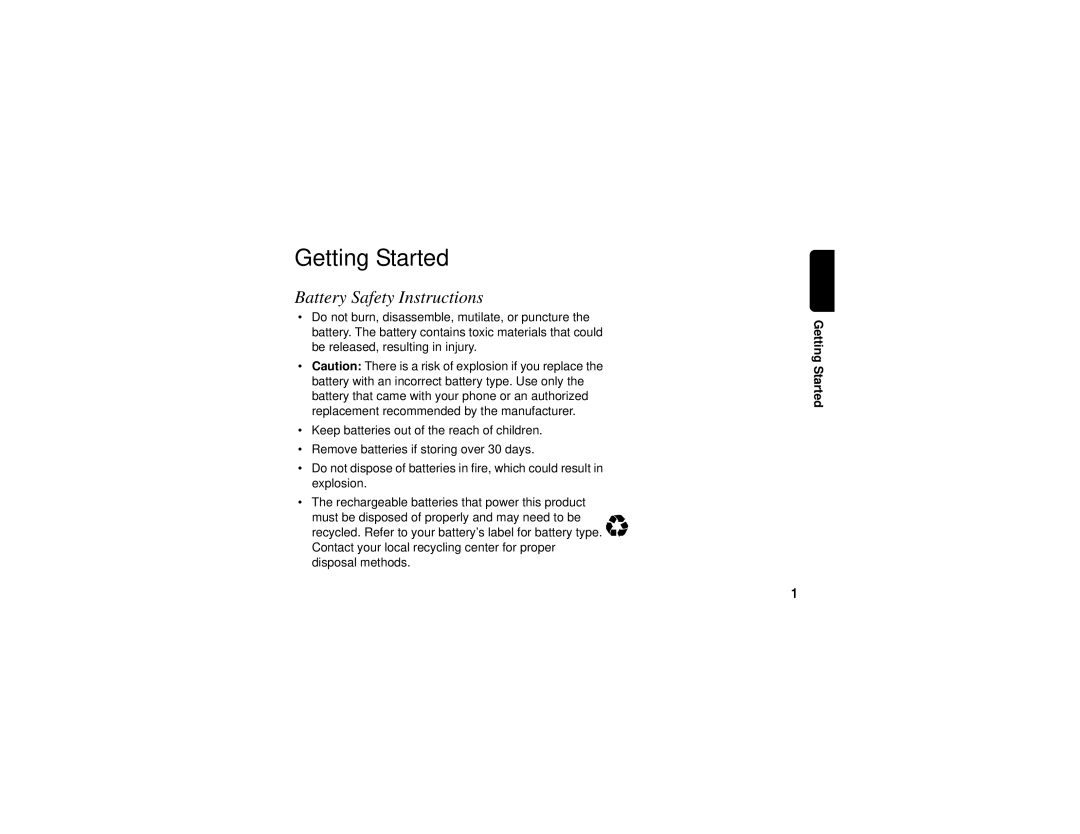 Motorola sd4560 manual Getting Started, Battery Safety Instructions 