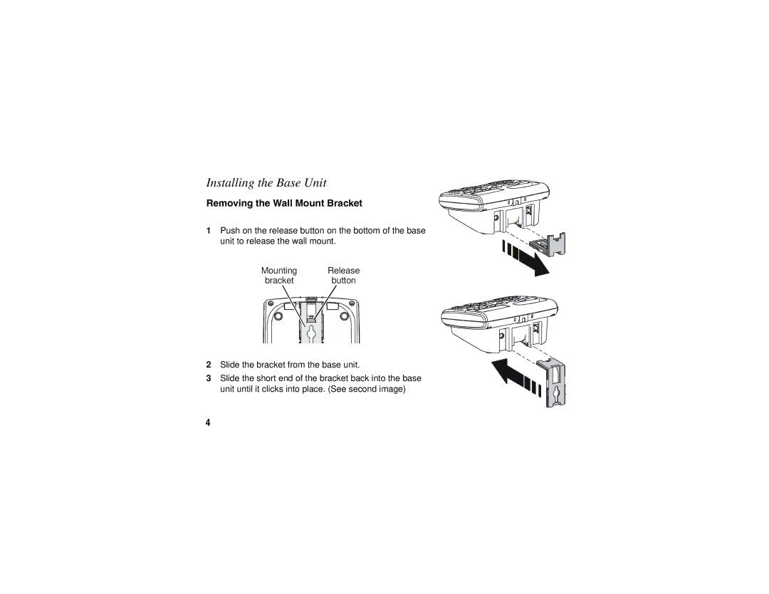 Motorola sd4560 manual Installing the Base Unit, Removing the Wall Mount Bracket 