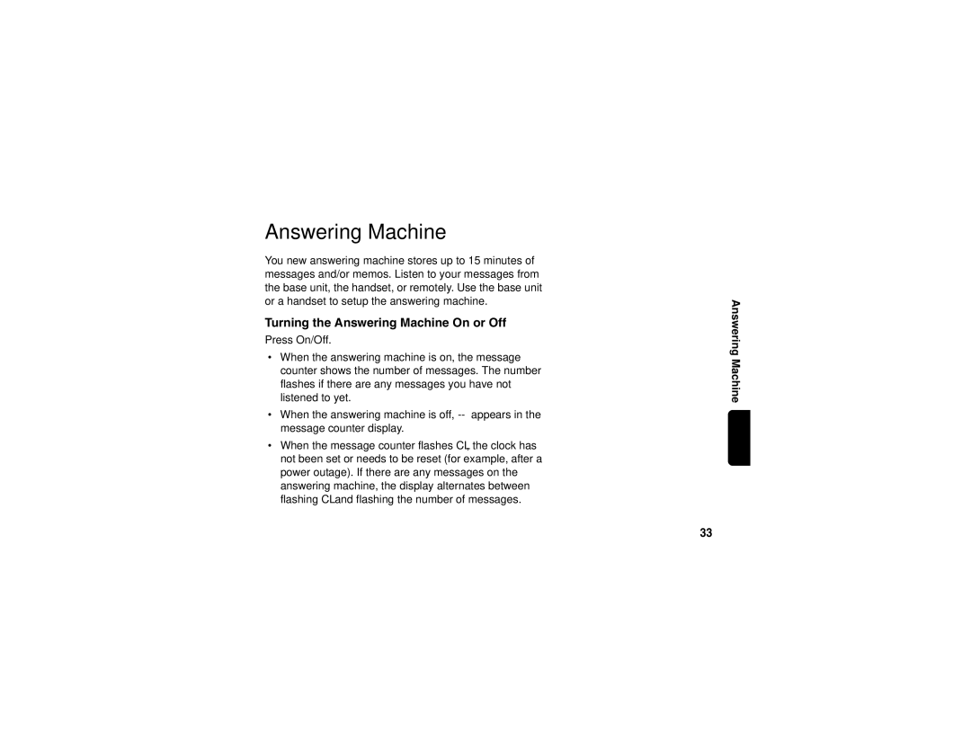 Motorola sd4560 manual Turning the Answering Machine On or Off 