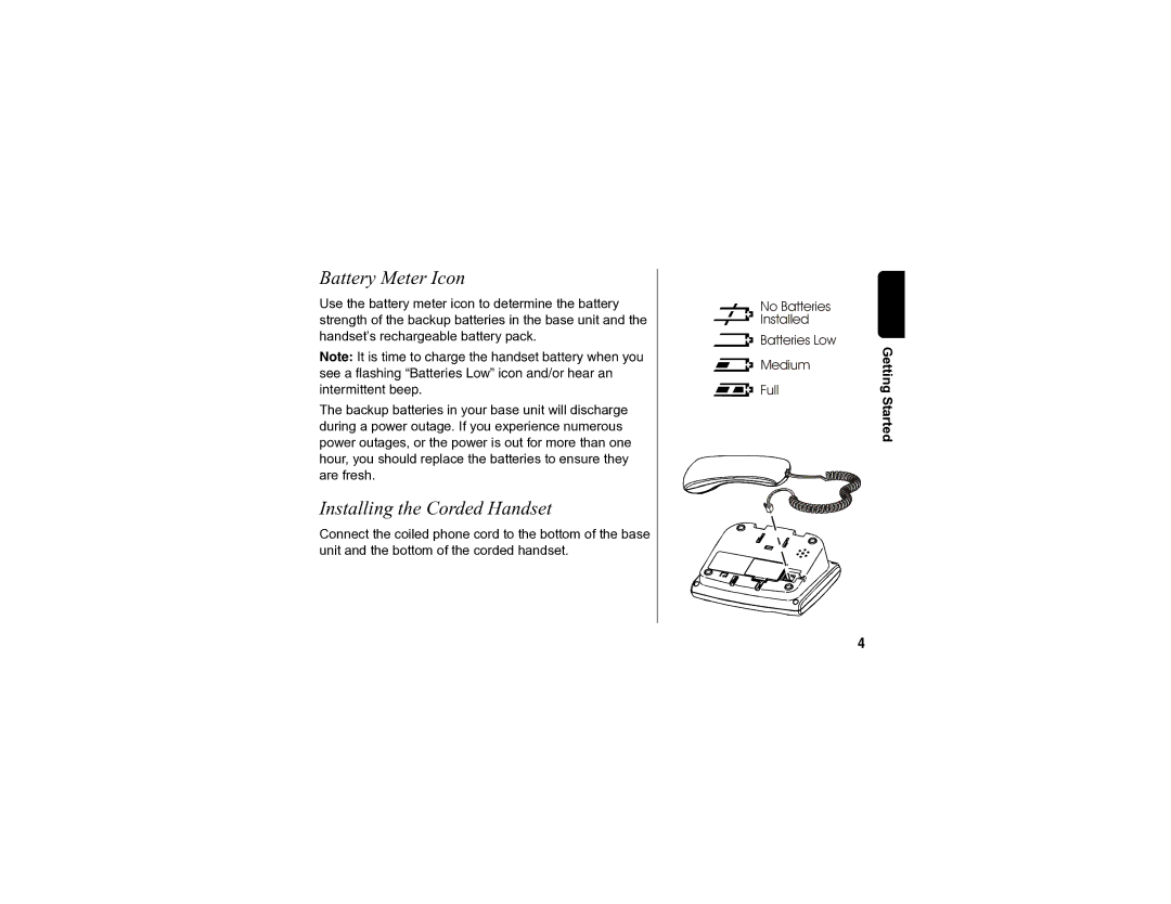 Motorola SD4590 manual Battery Meter Icon, Installing the Corded Handset, Getting Started 