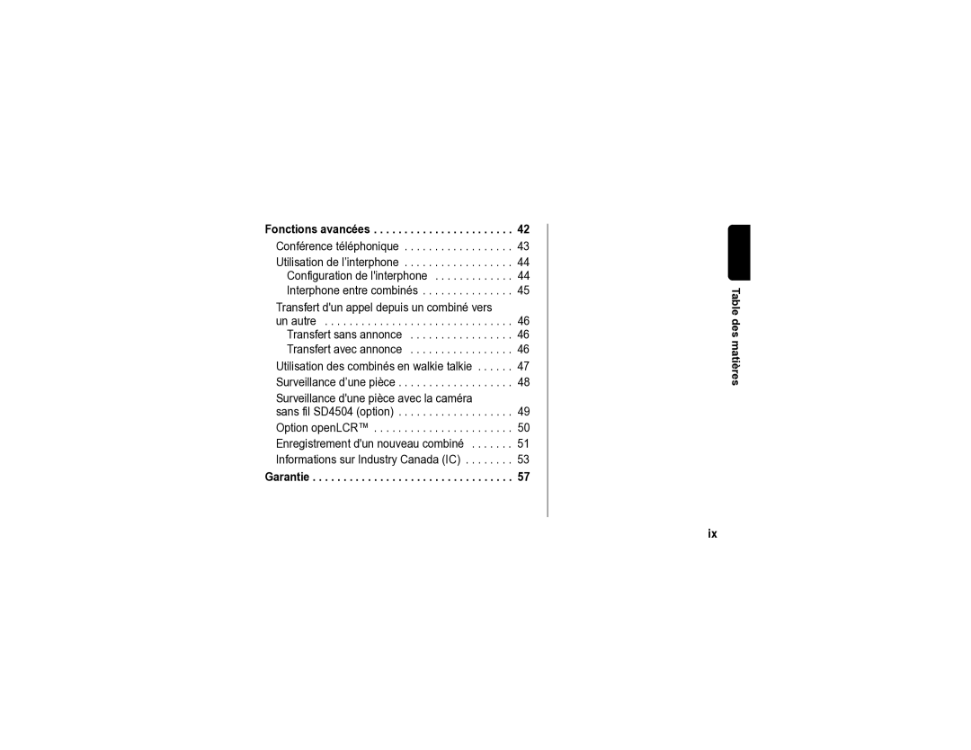 Motorola SD4590 manual Fonctions avancées, Garantie Table des matières 