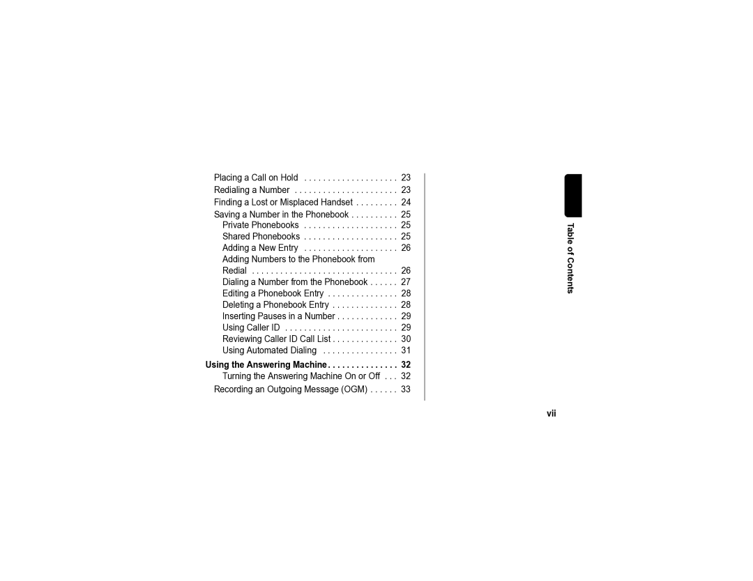 Motorola SD4590 manual Using the Answering Machine, Table of Contents Vii 