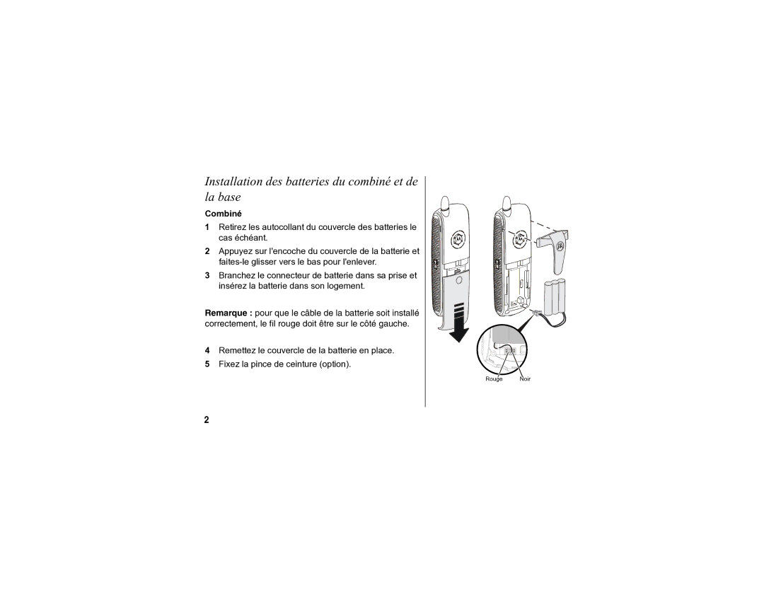 Motorola SD4590 manual Installation des batteries du combiné et de la base, Combiné 