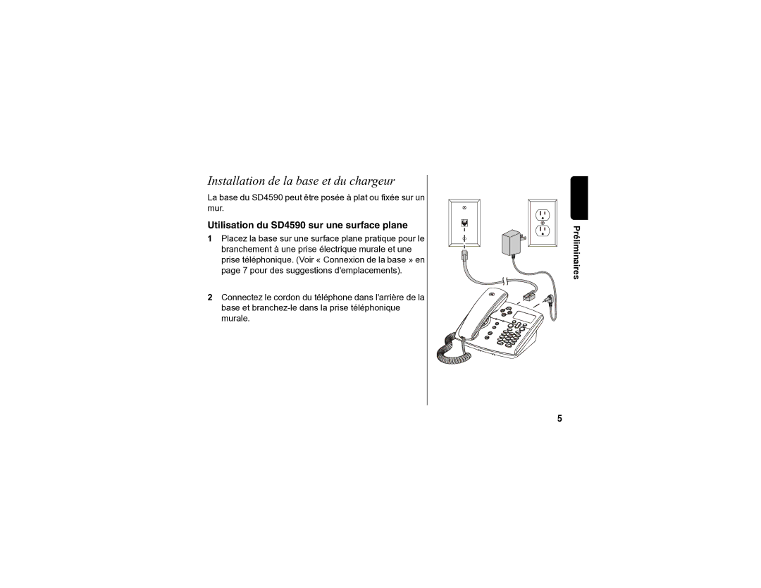 Motorola manual Installation de la base et du chargeur, Utilisation du SD4590 sur une surface plane 