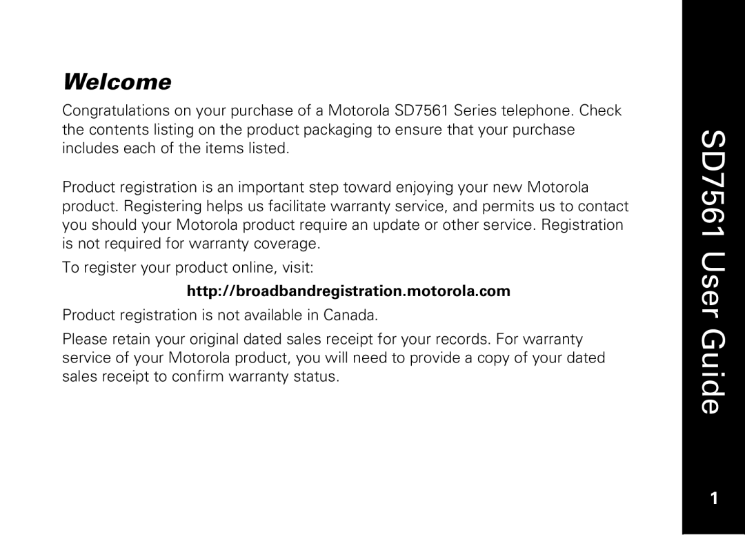 Motorola SD7561 manual Welcome, Http//broadbandregistration.motorola.com 