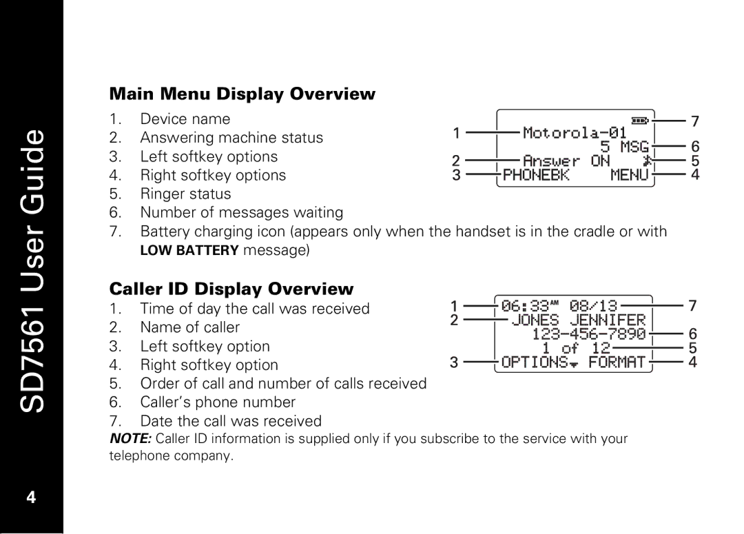 Motorola SD7561 manual Main Menu Display Overview, Caller ID Display Overview, LOW Battery message 