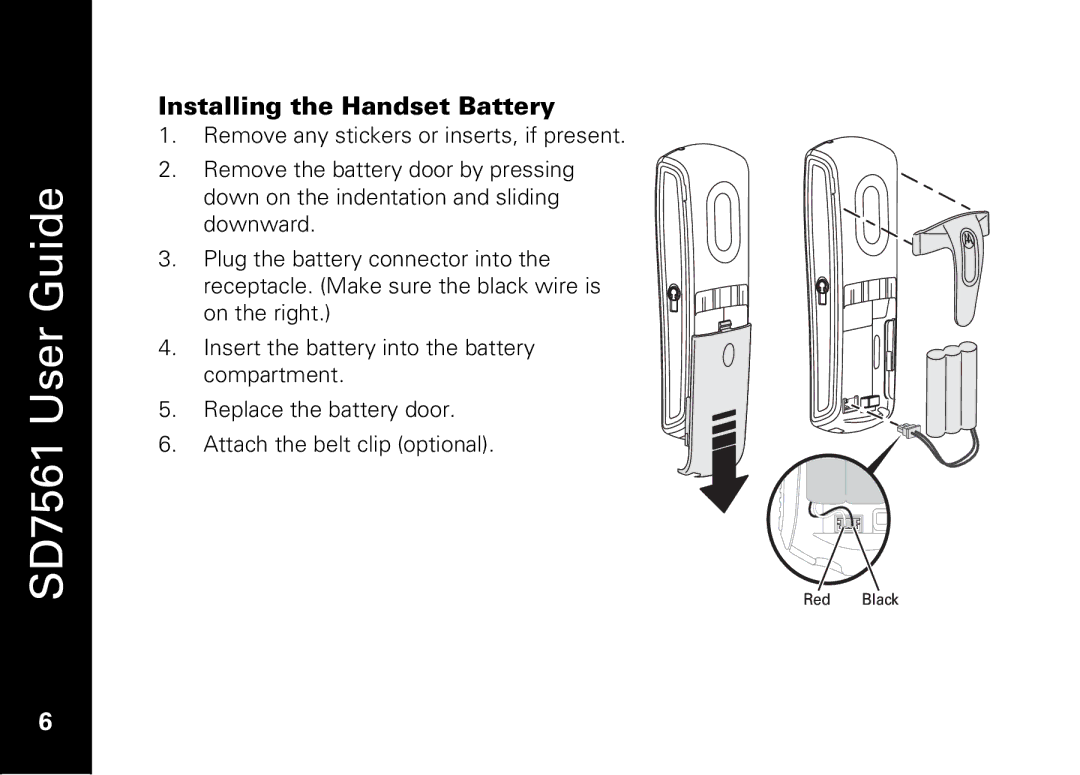 Motorola SD7561 manual Installing the Handset Battery 