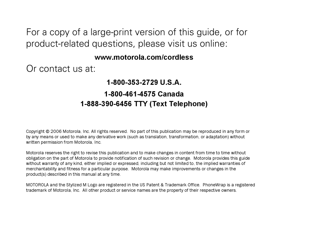 Motorola SD7561 manual Canada TTY Text Telephone 