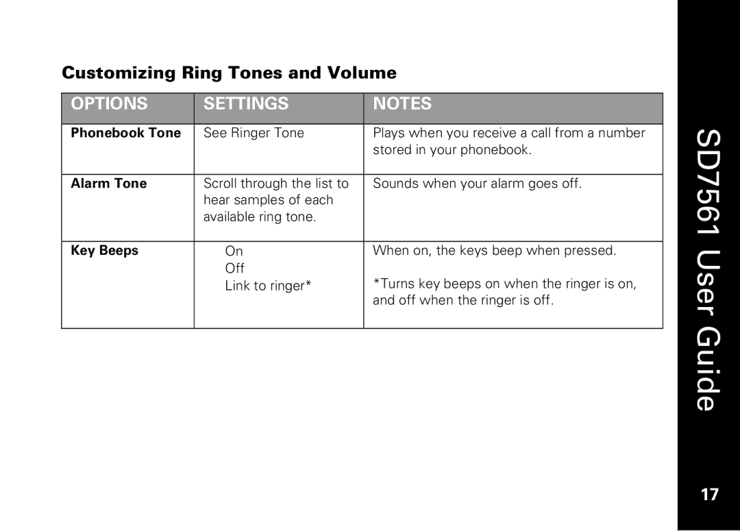 Motorola SD7561 manual Customizing Ring Tones and Volume, Phonebook Tone, Alarm Tone, Key Beeps 